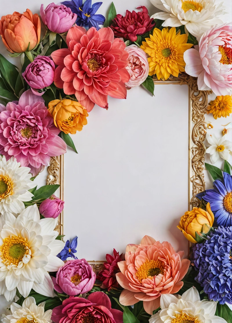 A picture frame with flowers on it and a white background with a gold border around it and a white background with a gold border around the edges, plain background, a stock photo, arts and crafts movement