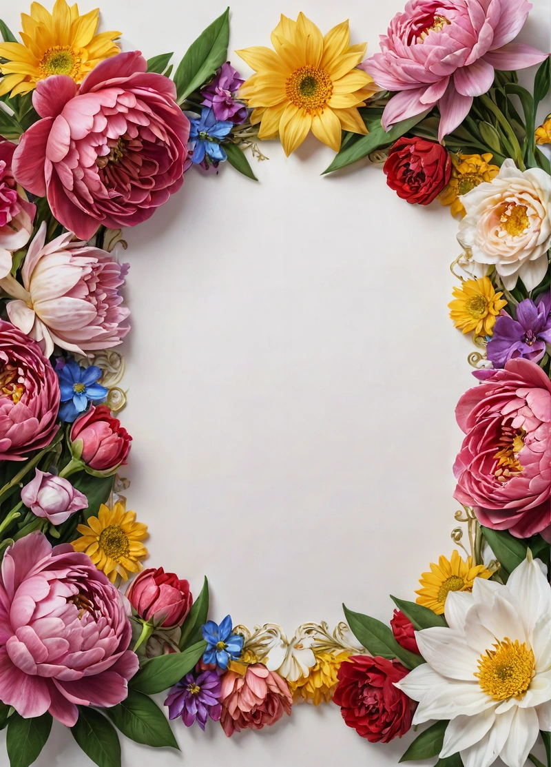 A picture of a bunch of flowers arranged in a circle on a white background with a place for a text or a picture of a bouquet, plain background, a stock photo, folk art