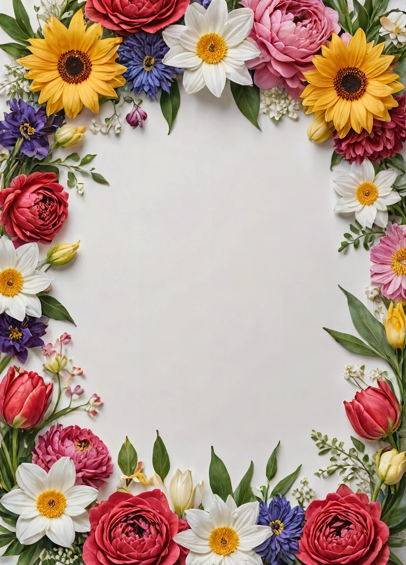 A white background with a circle of flowers and leaves around it, with a white center surrounded by red, yellow, and blue flowers, plain background, a stock photo, temporary art