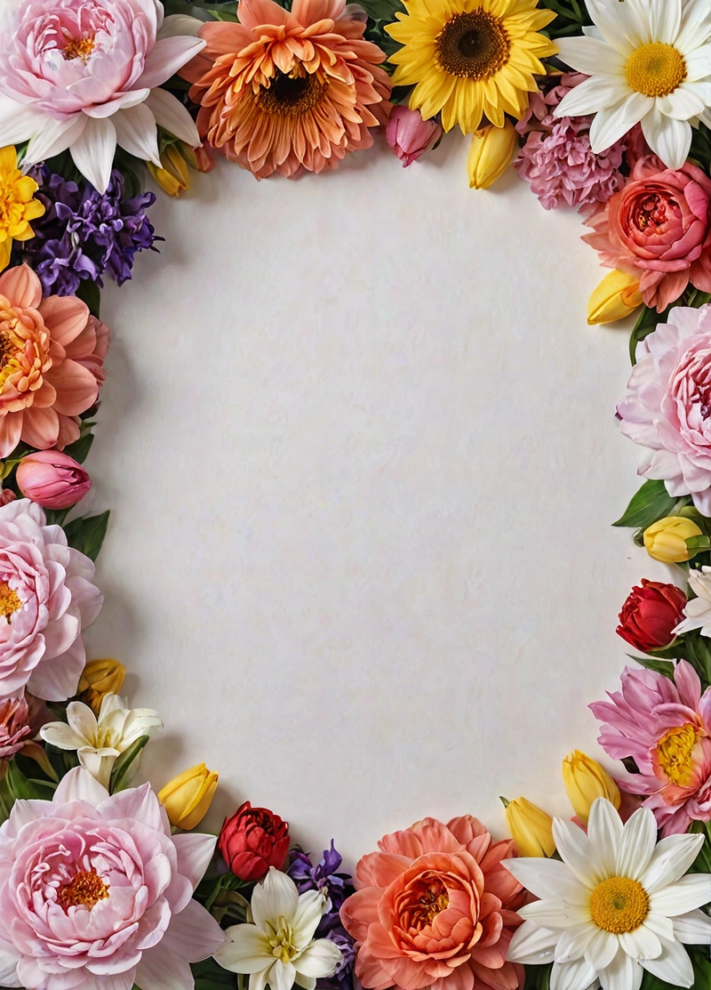 A white circle with a lot of flowers around it on a white background with a place for a text or a picture to be placed on, plain background, a screenshot, temporary art