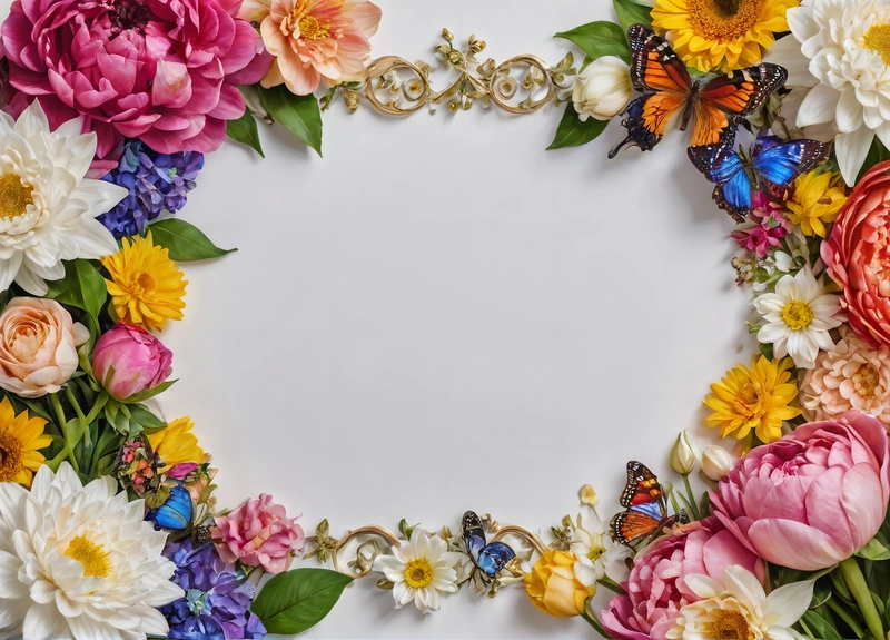A picture of a bunch of flowers with butterflies around it and a white background with a white center surrounded by flowers and butterflies, all around the edges are, highly detailed digital art, a cross stitch, cloisonnism