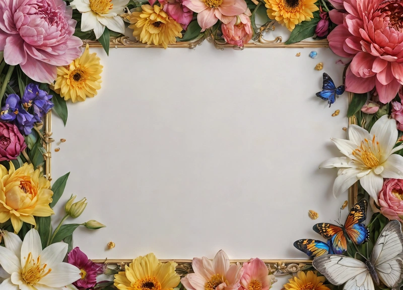 A picture frame with flowers and butterflies around it, with a blank space in the middle of the frame for a message or a greeting, paper texture, computer graphics, arts and crafts movement