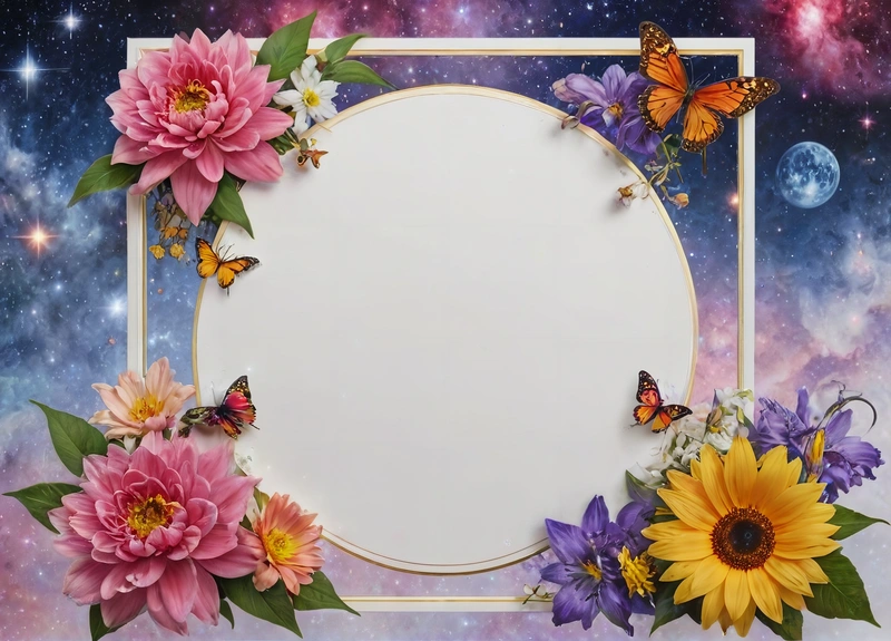 A picture frame with flowers and butterflies around it in the space with stars and a butterfly on the background photo is taken in the middle, plain background, a storybook illustration, cloisonnism