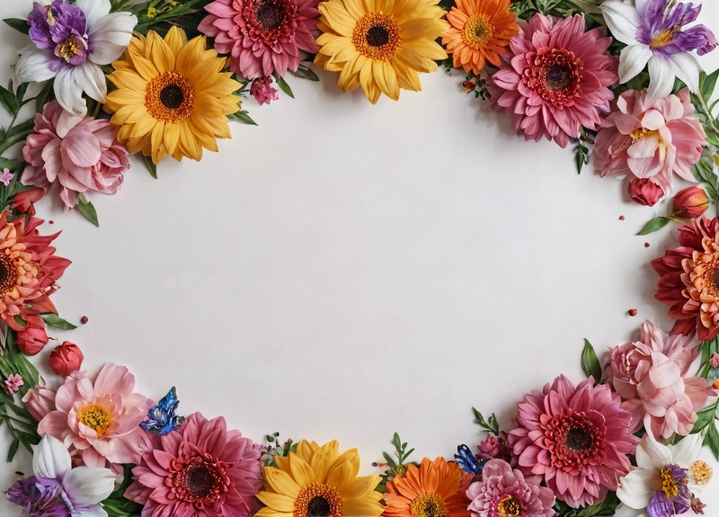 A white background with a circle of flowers and butterflies around it, with a white center surrounded by smaller flowers and leaves, and a butterfly, plain background, a stock photo, folk art