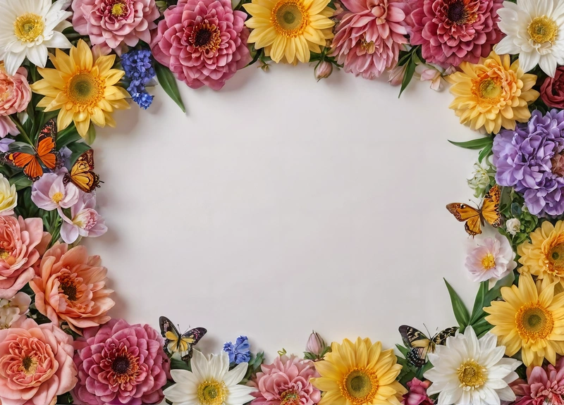 A white background with a bunch of flowers and butterflies around it with a white center surrounded by smaller flowers and butterflies around it, all of which are, plain background, a picture, ecological art