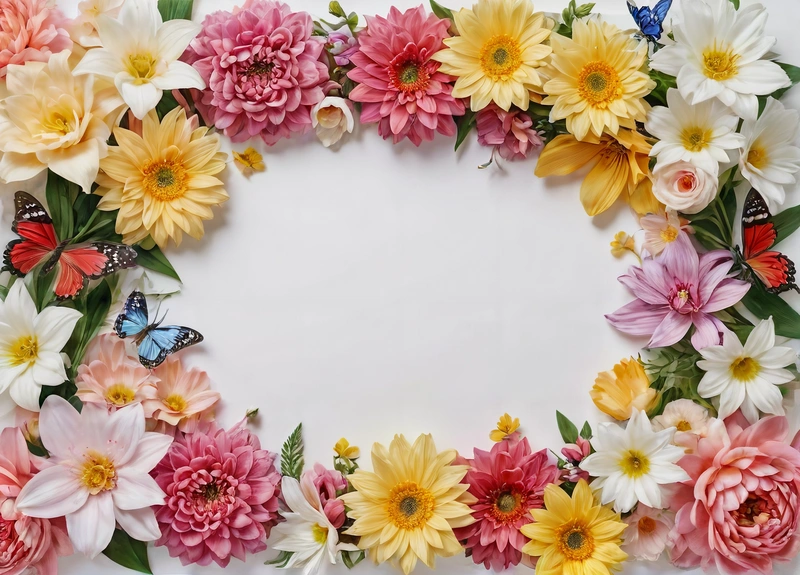 A picture of a bunch of flowers with a butterfly on it's back side and a white background with a white circle with a butterfly on it, plain background, a stock photo, folk art