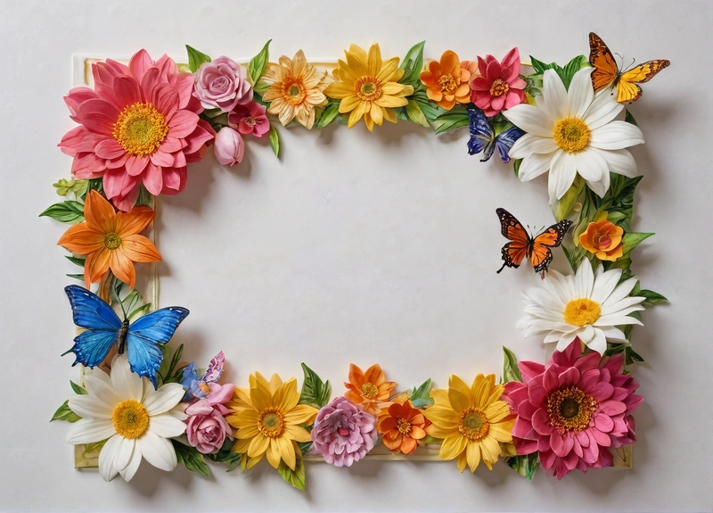 A picture frame made out of paper flowers and butterflies on a white background with a butterfly on the top of the frame and a butterfly on the bottom of the frame, highly detailed digital painting, an airbrush painting, folk art