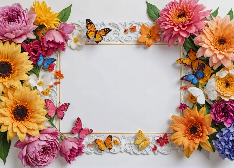 A picture frame with flowers and butterflies on it, and a butterfly on the side of the frame, with a white background and a white border, affinity photo, a stock photo, temporary art