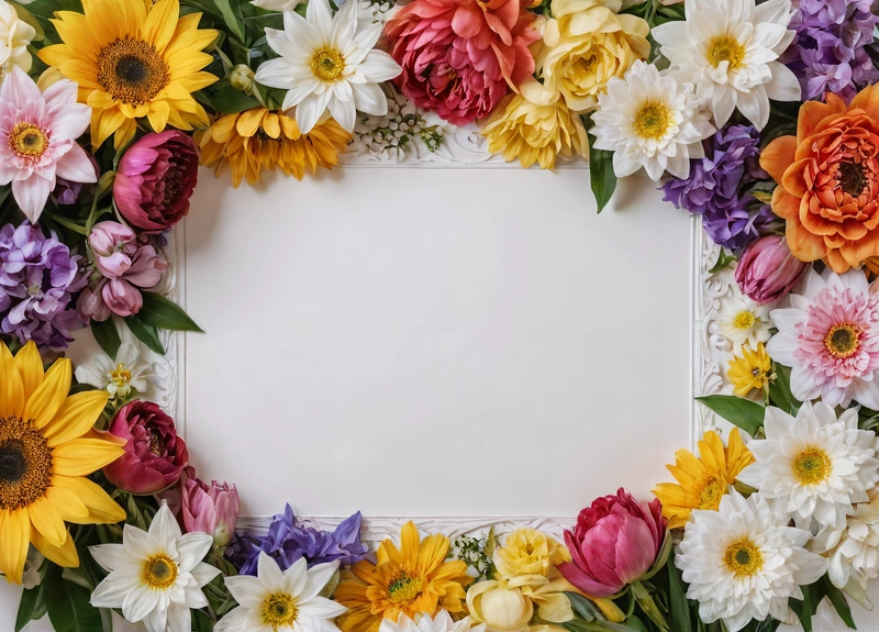 A square frame with flowers arranged around it on a white background with a white center surrounded by smaller flowers and leaves, with a white space for a, plain background, a stock photo, temporary art