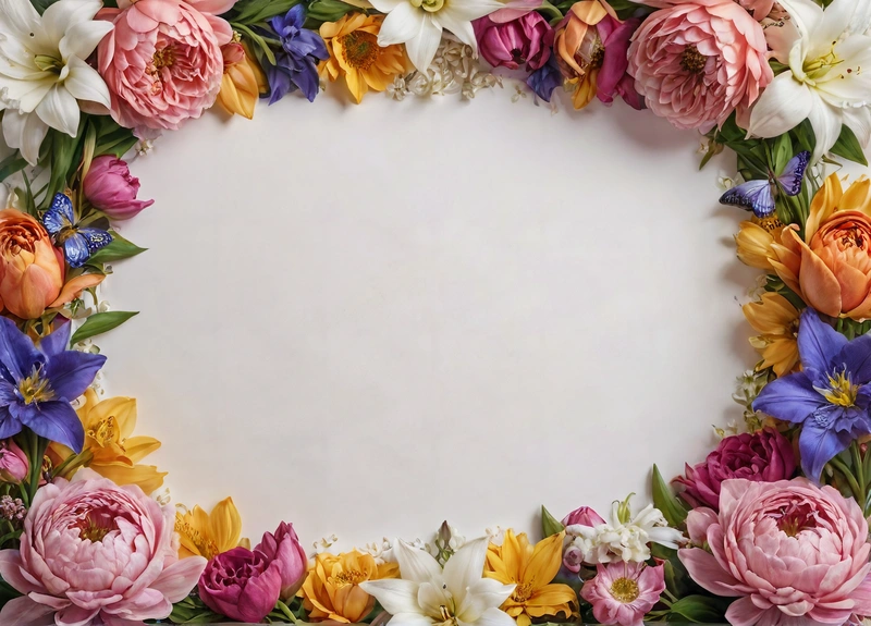 A white background with a bunch of flowers around it and a white circle in the middle of the photo with a few flowers around it, plain background, a wireframe diagram, arts and crafts movement