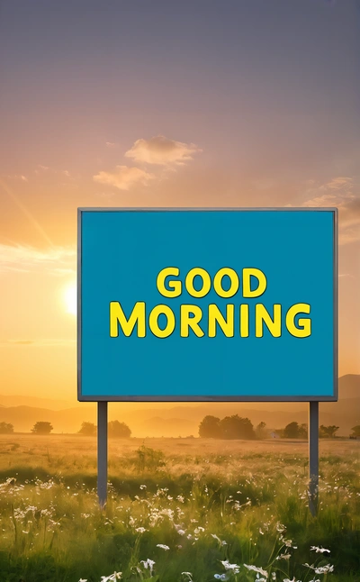 A blue sign that says good morning in a field of flowers at sunset with the sun setting behind it and a field of daisies, bright morning, a digital rendering, computer art