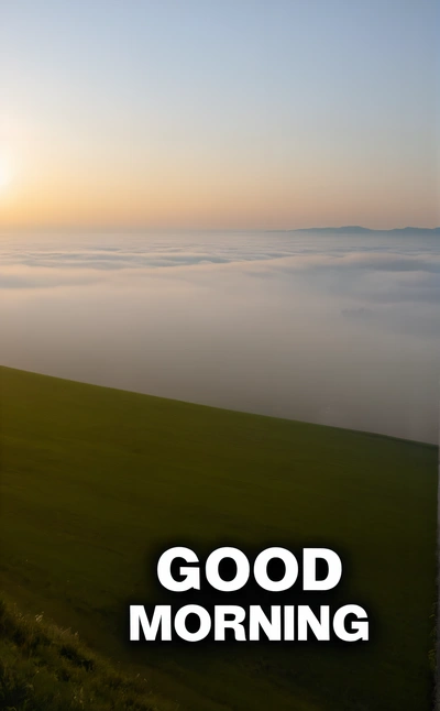 A picture of a foggy field with the words good morning in the middle of it and a sun setting in the background with the horizon, matte painting, a matte painting, dau-al-set