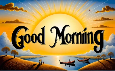 A painting of a sunset with a boat and a man on the shore with a boat in the water and the words good morning written in the bottom, morning, a digital rendering, naive art