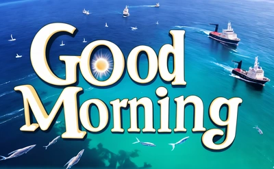 A picture of a boat in the ocean with a good morning message below it that says, good morning, with a picture of boats in the background, promotional image, a digital rendering, international typographic style