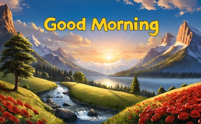 A painting of a mountain scene with a river and flowers in the foreground and the words good morning on the right side of the picture, bright morning, a digital rendering, naive art