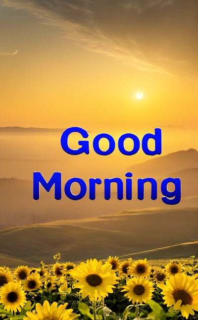 A picture of a sunflower field with the words good morning in blue over it and a sunset in the background with a foggy sky, bright morning, a digital rendering, dau-al-set