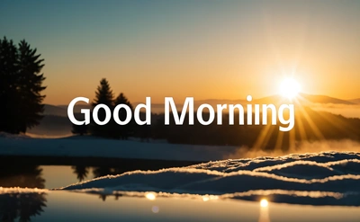 A picture of the sun setting over a snowy field with the words good morning in the middle of the picture and a reflection of the sun in the water, bright morning, a stock photo, dau-al-set