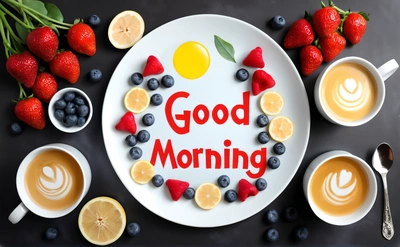 A plate with a good morning sign surrounded by fruit and cups of coffee and spoons on a table top with strawberries, lemons, blueberries, and lemons, morning, a digital rendering, lyco art