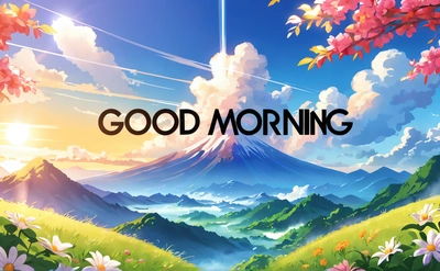 A picture of a mountain with the words good morning in it and flowers in the foreground with a blue sky and clouds in the background, bright morning, a matte painting, computer art