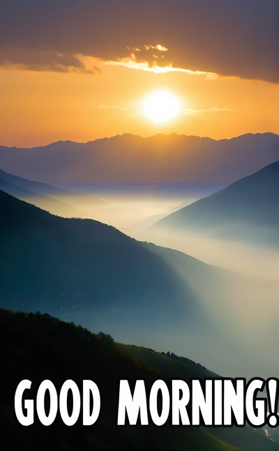 A picture of a sunset with the words good morning on it and a picture of a mountain range in the background with the sun setting, volumetric light, a matte painting, dau-al-set