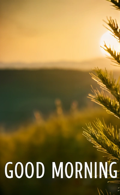 A pine tree with the sun setting in the background and a good morning message below it that reads,'good morning'with a pine tree branch, anamorphic lens flare, a tilt shift photo, naturalism