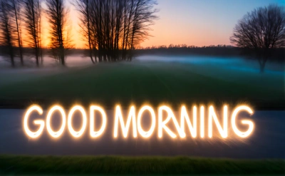 A picture of a sunset with the words good morning in the foreground and a picture of a field with trees in the background with the sun shining down, morning, a digital rendering, dau-al-set