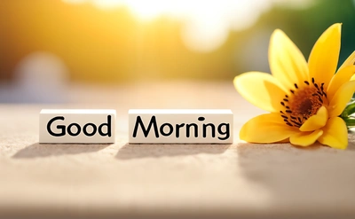 A yellow flower sitting next to a block that says good morning on it and a block that says good morning on it with a yellow flower, morning, a stock photo, dau-al-set