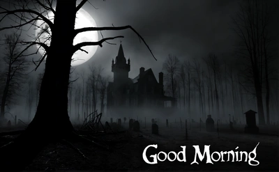 A creepy graveyard with a full moon in the background and a creepy castle in the middle of the night with the words good morning written on it, gothic, a digital rendering, gothic art