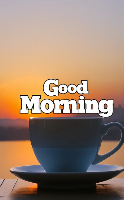 A cup of coffee sitting on top of a plate next to a sunset with the words good morning written on it in white letters on a blue background, morning, a stock photo, dau-al-set