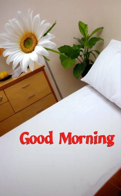 A bed with a white flower and a good morning sign on it's side next to a dresser and a white flower in a vase, morning, a digital rendering, folk art