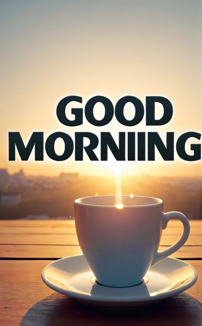 A cup of coffee with the words good morning on it and a saucer with a lit candle on a table with a view of the city, morning, a 3d render, dau-al-set