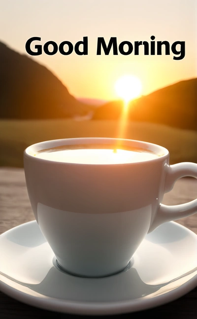 A cup of coffee sitting on top of a white saucer on a table with the sun setting in the background and the words good morning, sunrise, a 3d render, dau-al-set