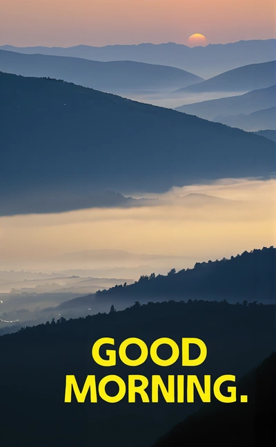 A picture of a mountain range with a good morning message below it that reads, good morning, and a sunset in the distance with a fog, book cover, a poster, environmental art