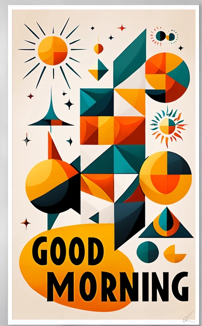 A poster with a quote that says good morning on it and a picture of a sun and a cloud with stars and shapes in the background, colorful flat surreal design, vector art, geometric abstract art