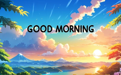 A painting of a sunset with the words good morning in the middle of it and a mountain in the background with a lake and trees, bright morning, computer graphics, computer art