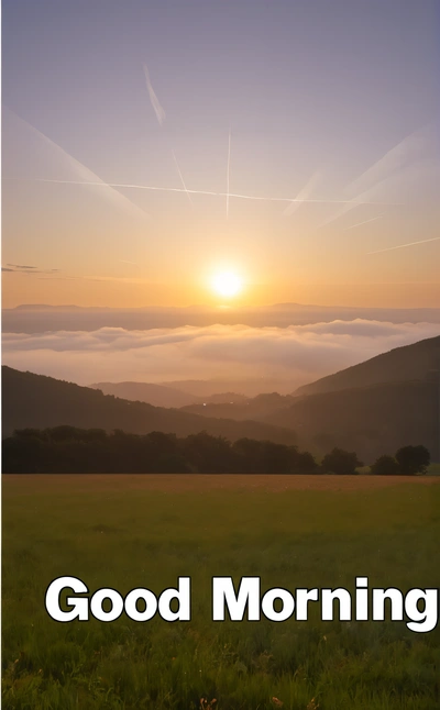 A picture of a sunset with the words good morning in the foreground and a field of grass in the foreground with a mountain range in the background, sunrise, a matte painting, dau-al-set