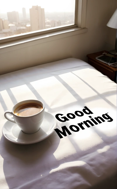 A cup of coffee sitting on top of a bed next to a window with the words good morning written on it in black ink on a white sheet, morning, a digital rendering, art photography