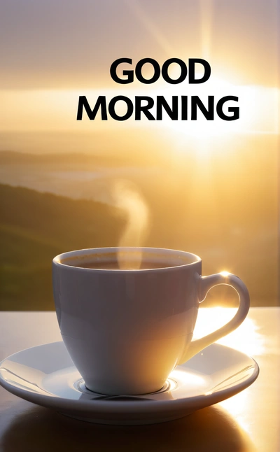 A cup of coffee sitting on top of a white plate on a table with the sun shining down on the horizon behind it and the cup, morning, a stock photo, dau-al-set