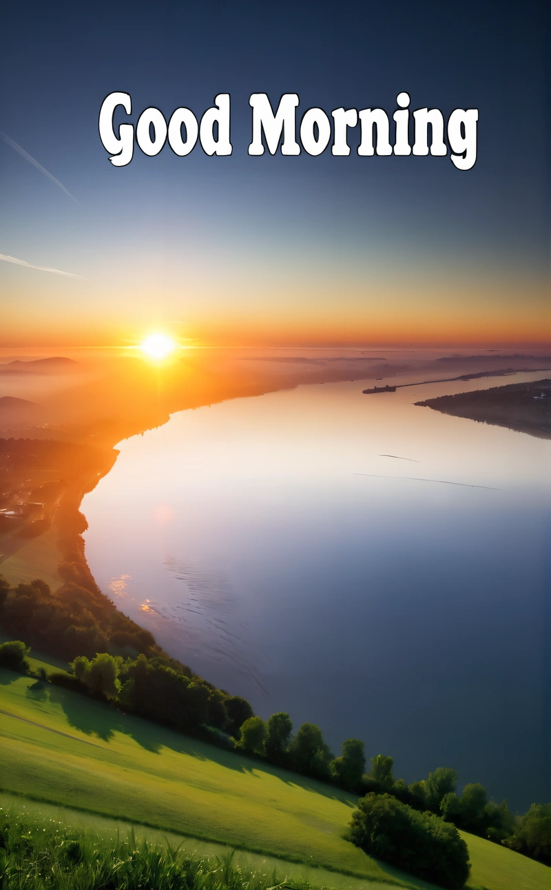 A picture of a sunset with the words good morning on it and a lake in the background with a sunset in the middle of the picture, book cover, a stock photo, german romanticism