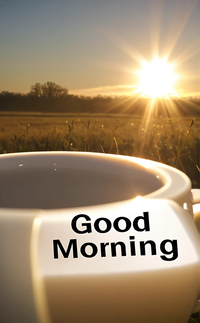 A coffee cup with the words good morning in front of a sunset over a field of grass and a field of tall grass with a few trees, morning, a digital rendering, dau-al-set