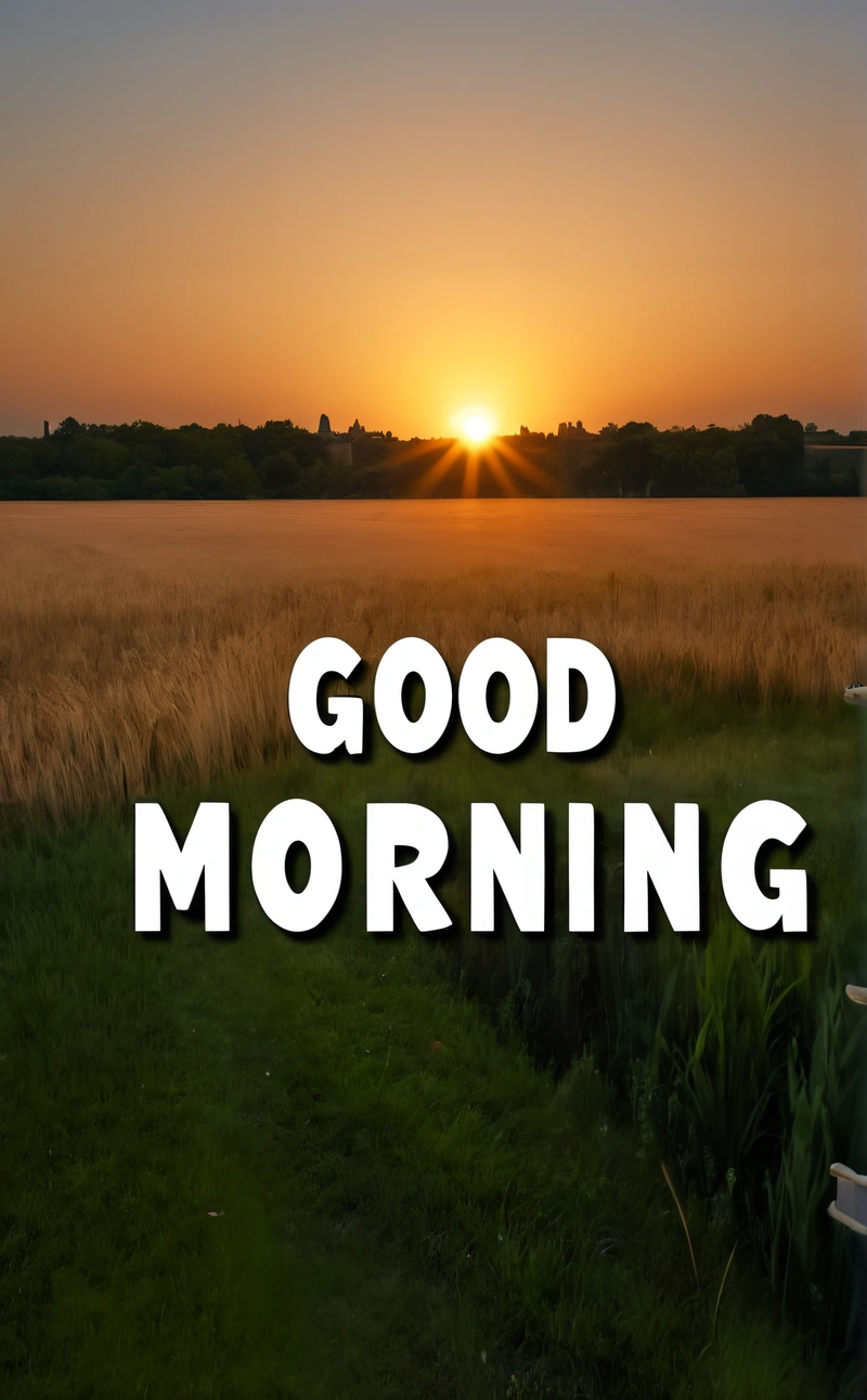 A field with the sun setting behind it and the words good morning in the middle of the picture with the sun setting behind it and the field, morning, a digital rendering, dau-al-set