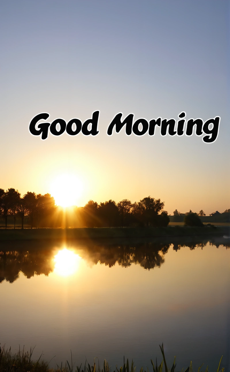 A picture of a sunset with the words good morning in the middle of it and a lake in the foreground with trees in the background, bright morning, a picture, dau-al-set