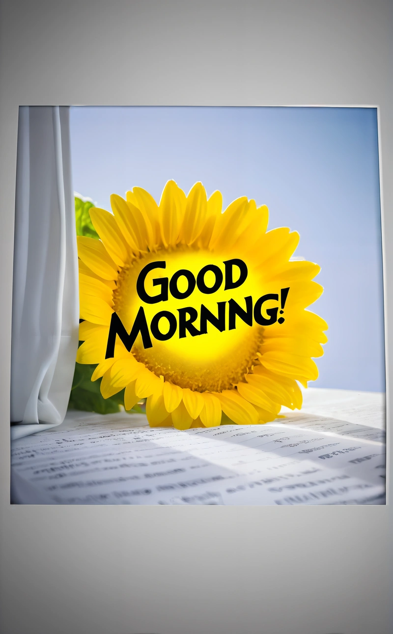 A sunflower with a good morning message on it's side sitting on a sheet of paper with a sheet of paper underneath it, morning, a digital rendering, dau-al-set