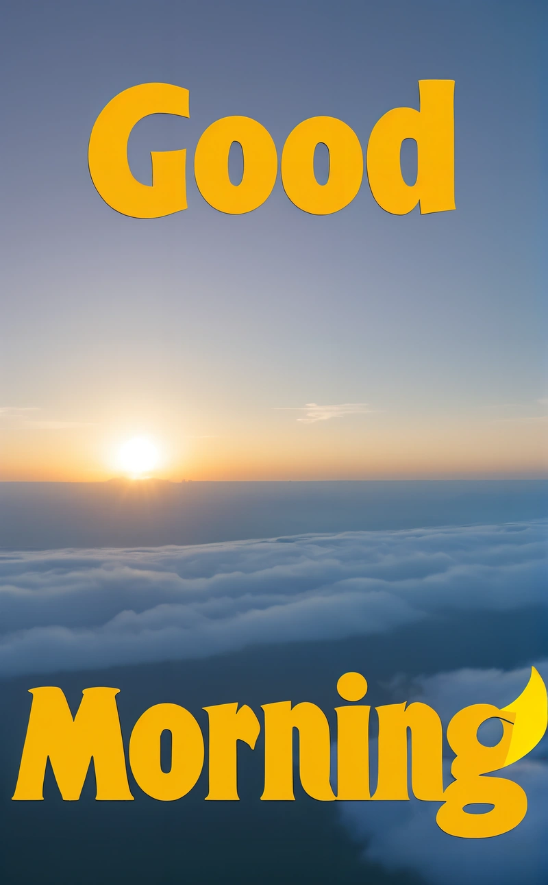 A picture of a sunset with the words good morning above the clouds and below the clouds are the sun rising above the clouds and below the clouds, sunrise, a poster, dau-al-set