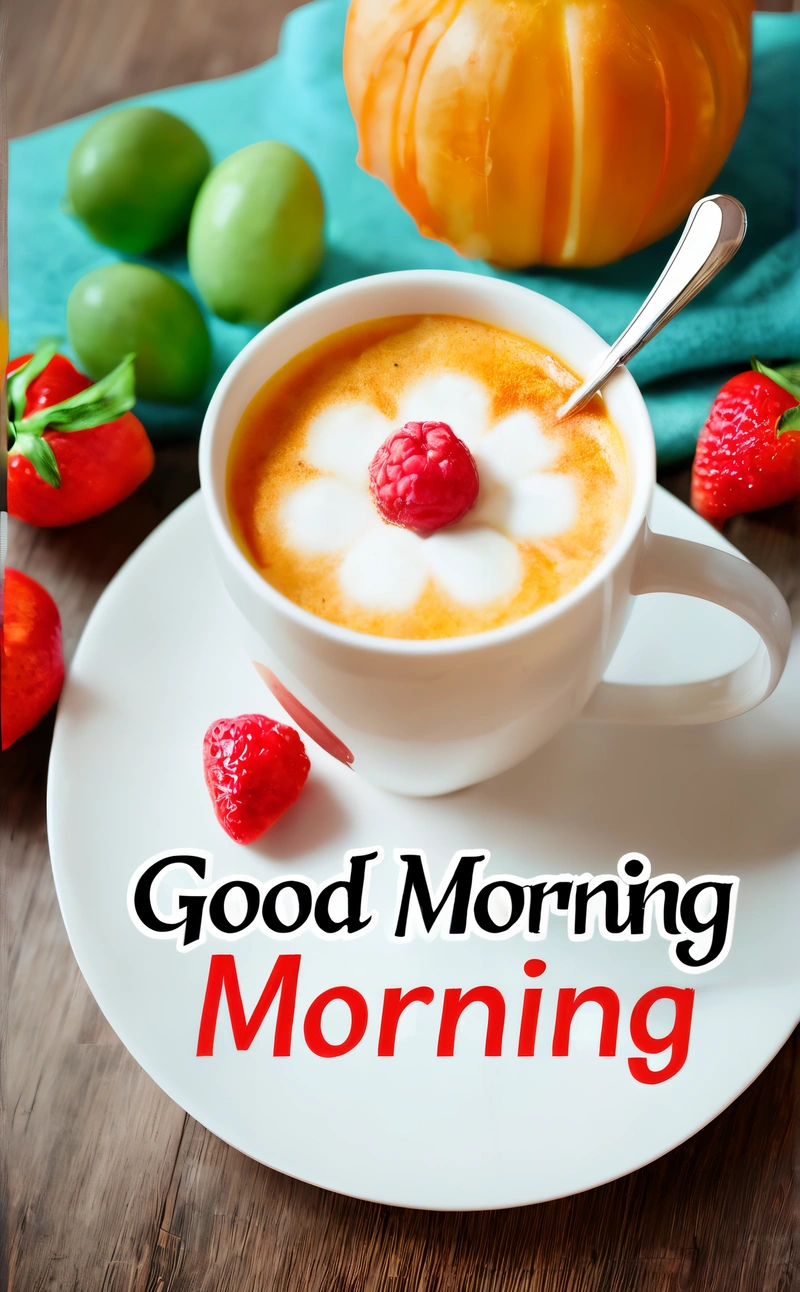 A cup of coffee with a spoon on a plate with berries and a pumpkin in the background with a good morning message on it with a pumpkin, morning, a digital rendering, lyco art