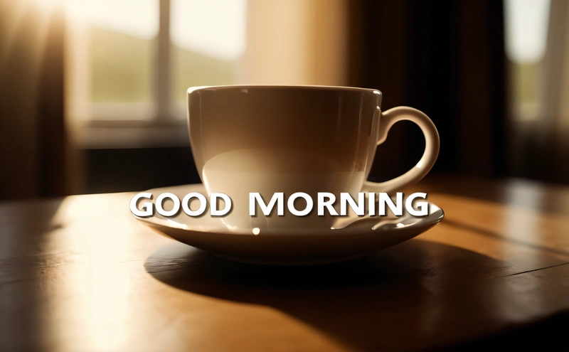 A cup of coffee sitting on top of a wooden table with the words good morning on it's side and a plate with a spoon, morning, a 3d render, dau-al-set