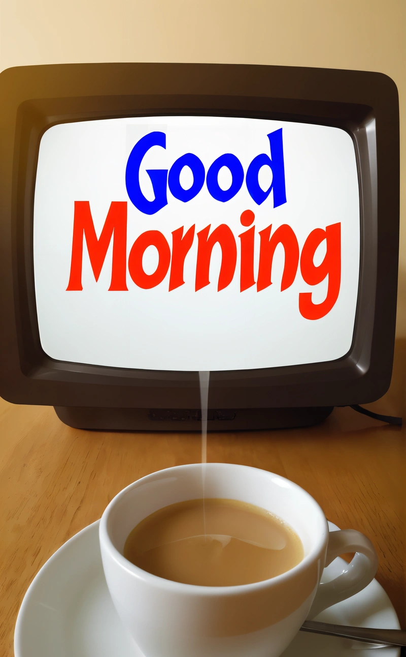 A cup of coffee sitting on a saucer next to a tv with the words good morning on it and a spoon in front of it, morning, a digital rendering, video art