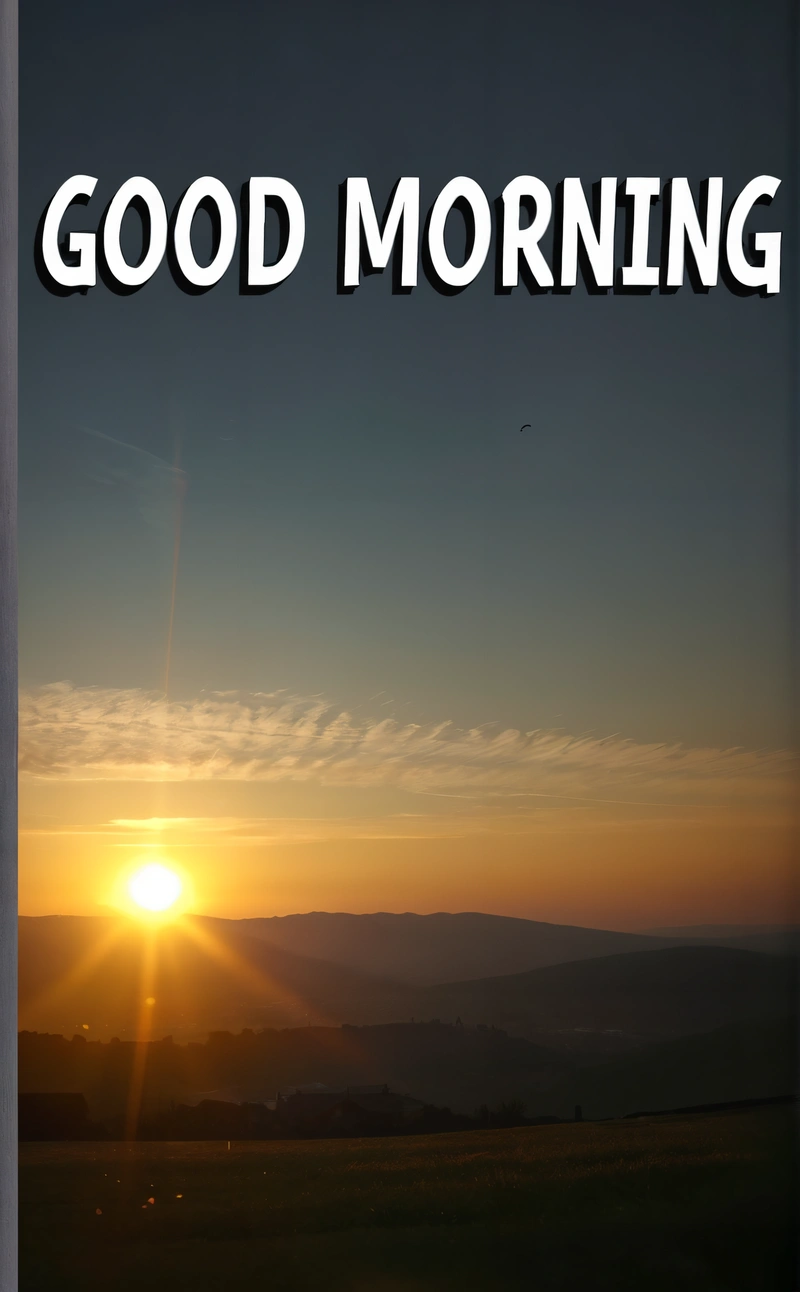 A picture of a sunset with the words good morning in the middle of it and a picture of a sunset with the words good morning in the middle of the picture, sunrise, a digital rendering, dau-al-set