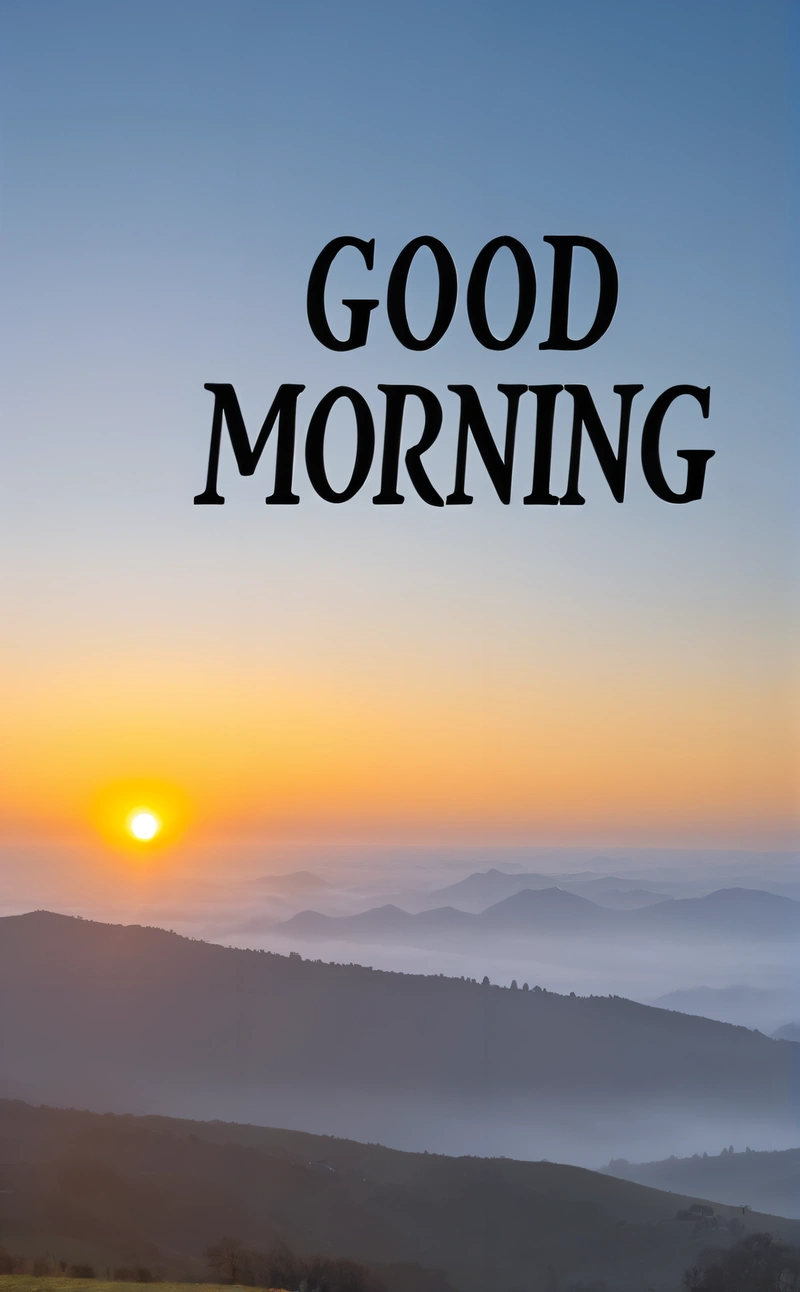 A picture of a sunset with the words good morning in black on it and a picture of a mountain range in the background with the sun setting, sunrise, a digital rendering, dau-al-set