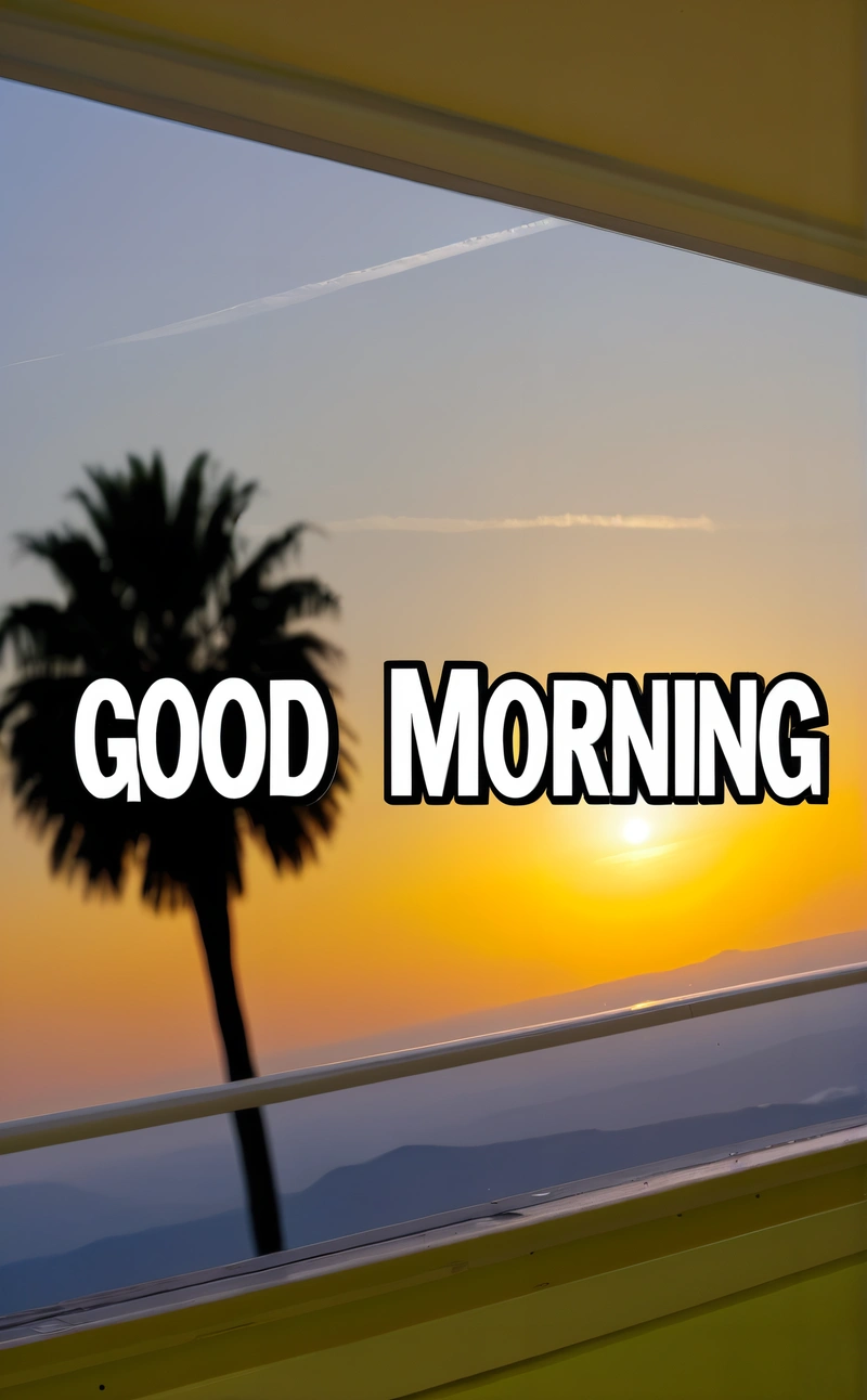 A window with a palm tree and the words good morning in front of it and a sunset behind it with a palm tree in the window, morning, a digital rendering, dau-al-set